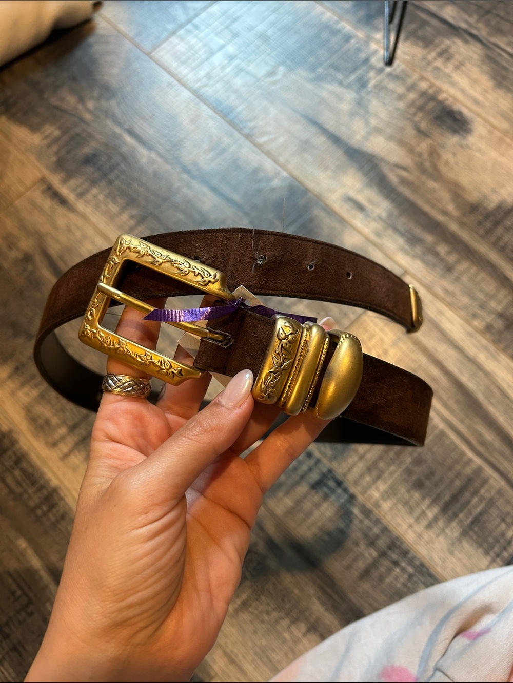 Express Dark Brown Suede Belt with Ornate Gold Buckle
